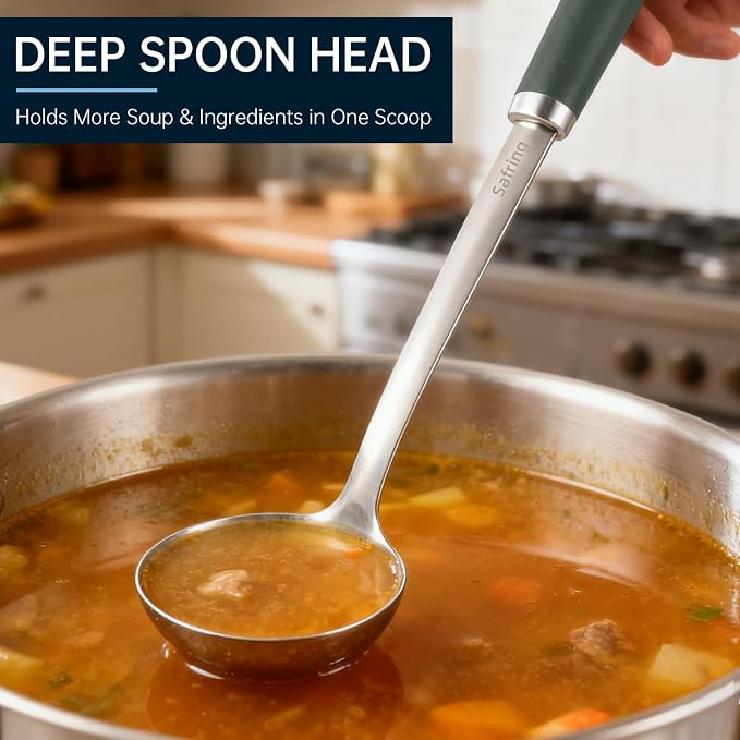 Safring Stainless Steel Soup Ladle and Spaghetti Spoon Set, Heat Resistant Rubber Handle, Dishwasher Safe, Kitchen Utensils for Cooking, Stirring, Serving Pasta, Soup & Sauce (Hunter Green)