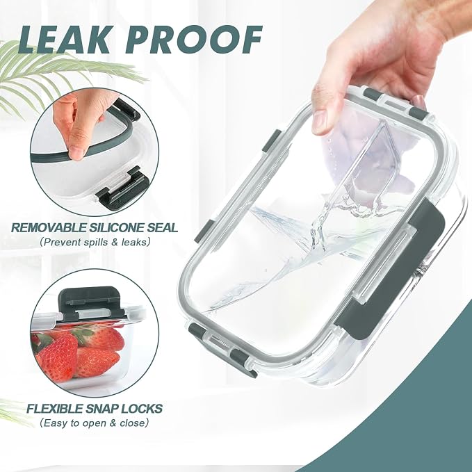Glass Meal Prep Containers 3 Compartments, 5 Pack 36 oz | Glass Food Storage Containers with Lids, Airtight Lunch Bento Box, Portion Control, Freezer and Microwave Safe