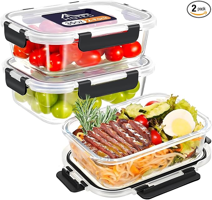 HOTEC 35OZ Glass Food Storage Container, Airtight Glass Lunch Fruit Containers with Lids - Microwave, Oven, Freezer and Dishwasher Safe, 2-PACK