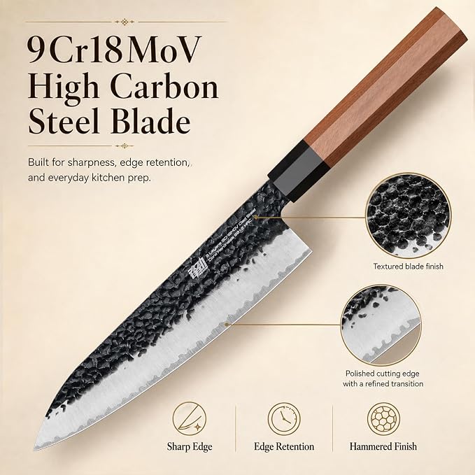 FINDKING Kitchen Knife Set with Individual Wooden Blocks, 4 Japanese Knives with Walnut Edge Guards, High Carbon Steel Blades, for Meat, Fruits, Vegetables, Dynasty Series