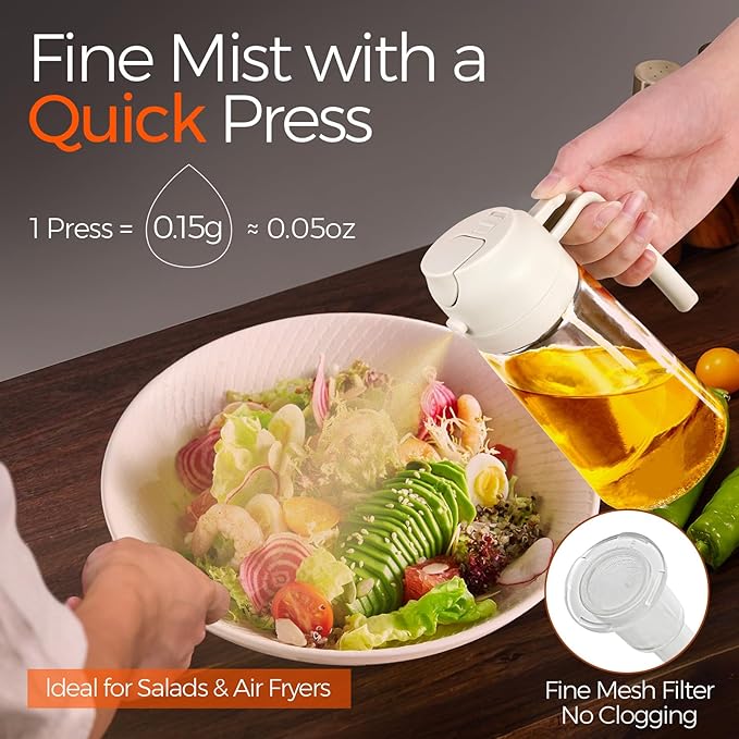 YARRAMATE 16 oz 2-in-1 Glass Olive Oil Sprayer for Cooking, WhiteOrange | Food-grade dispenser bottle, 470 ml, spray and pour, portion control, stickers included, for salad, frying and BBQ