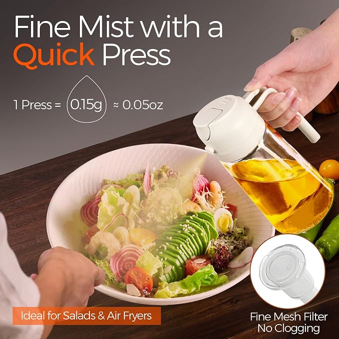 YARRAMATE 2Pcs 16oz/470ml 2 in 1 Oil Sprayer for Cooking with Stickers, Food-grade Glass Oil Spray Bottle, Oil Dispenser and Oil Sprayer for Kitchen, Salad, Frying, BBQ (White & Green) | Food-grade dispenser bottle, 470 ml, spray and pour, portion cont...