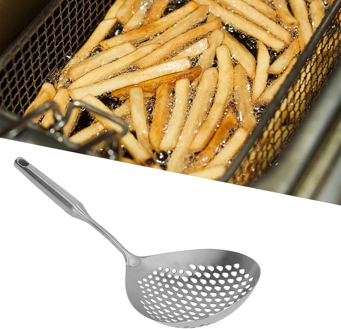Skimmer Ladle, 304 Stainless Steel Slotted Spoon, Long Handle, Large Capacity, 15.7x5.7 Inch, Silver