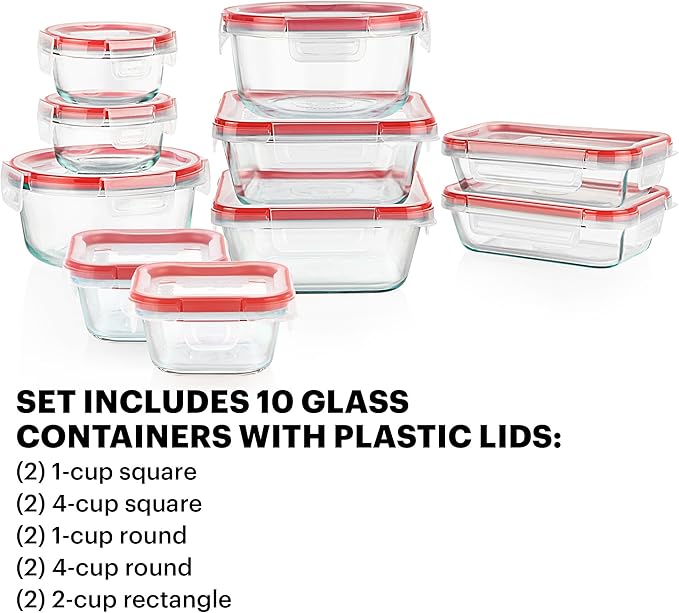 Pyrex Freshlock (10-Pack) Mixed Sizes Airtight Glass Food Storage Set | Plastic BPA-free leakproof locking lids
