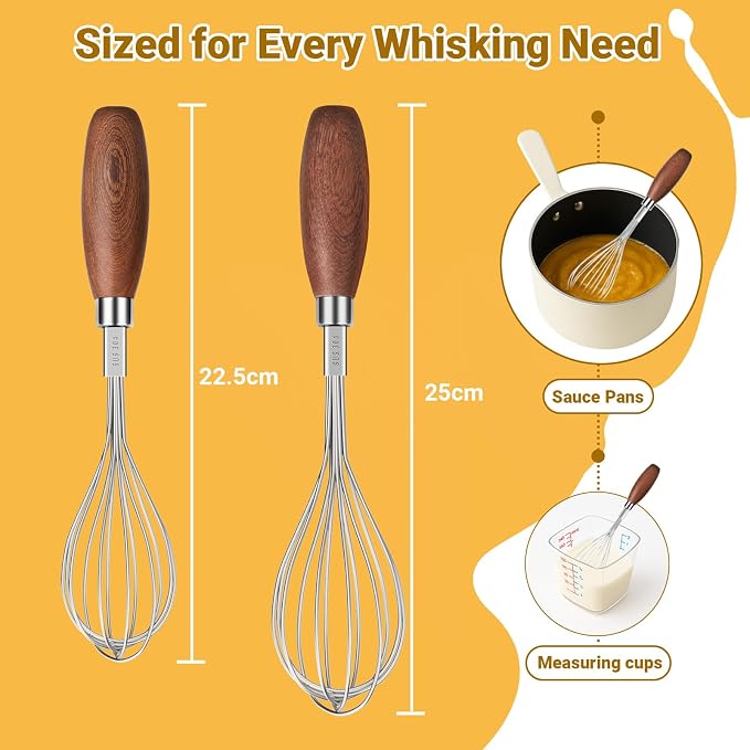 Set of 2 Stainless Steel Whisks, Balloon Whisk Set with Comfortable Handle, Whisk for Cooking, Beating and Frothing (22 cm, 24 cm)