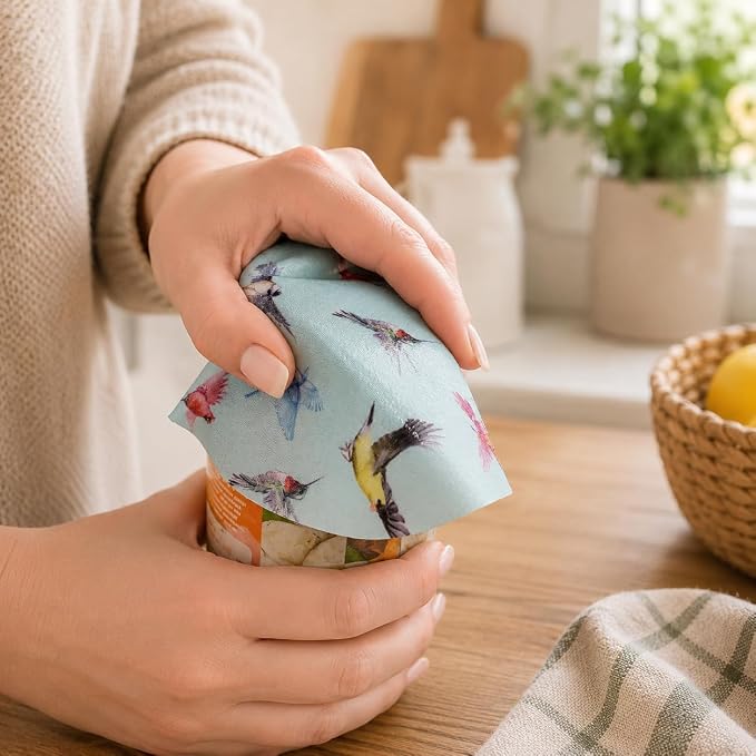 Andreas Silicone Jar Opener, Blue Multi Birds – 6.25" Non-Slip Lid Gripper & Garlic Peeler, Food and Dishwasher Safe, Multi-Use, Durable Silicone & Fabric, Made in the USA, JO-366B