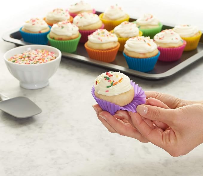 Amazon Basics Reusable Non-Stick Silicone Baking Cups, BPA Free, Dishwasher Safe, Easy to Remove, Food Grade, Oven Safe, 2.9 x 2.9 x 1.3 in (LxWxH), Multicolor, 24-Pack
