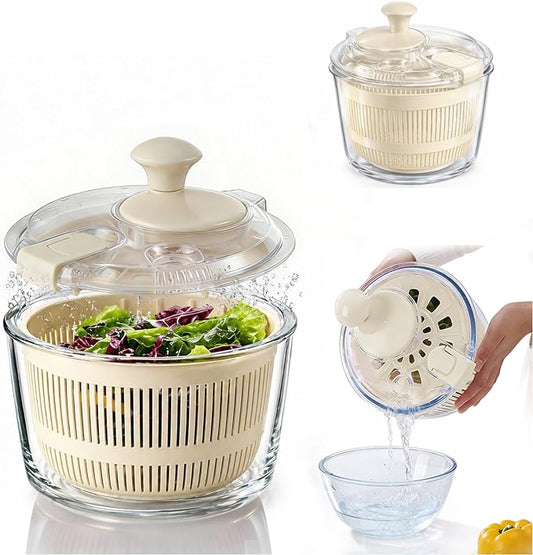 Glass Salad Spinner 3.2 Qt, Small Salad Spinner with Glass Bowl Removable Lid for Easy Cleaning Dishwasher Safe Glass Bowl Vegetable and Fruit Washer Dryer with Drain Spout Crank Handle White