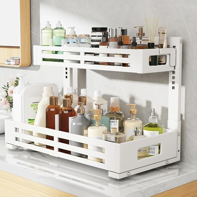 2 Pack 21IN-Depth Under Sink Organizer,Pull Out Cabinet Organizer With Smooth Cylindrical Rail,Metal Slide Out Drawer for Kitchen Bathroom Laundry,8-Level Tool Free Height Adjustable-White