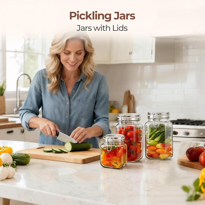ComSaf Square Glass Jars with Airtight Lids 51 oz 3 Pack Wide Mouth | Flour sugar rice, Kimchi pickling, Sourdough pickling, Pantry organization, Dry food storage, Kitchen storage canister
