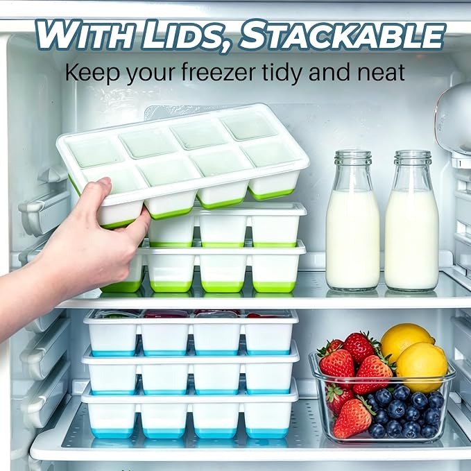 Large Ice Cube Trays with Lid, Jrisbo 2 Pack Stackable Silicone Ice Cube Molds for Freezer, Easy Release 16 Big Square Ice Trays for Whisky Cocktails (2 Blue 2 Green)