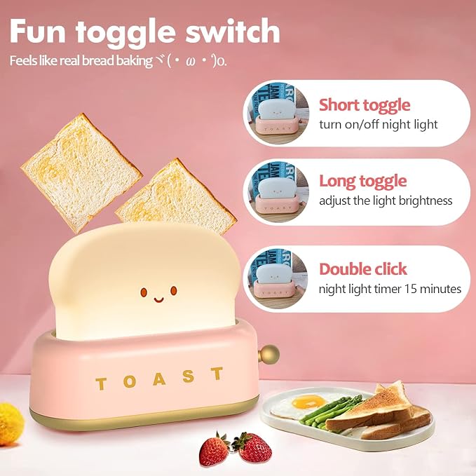 QANYI Cute Desk Decor Toaster Lamp, Kawaii LED Toast Bread Night Light Rechargeable and Portable Light with Timer, Christmas Gifts Ideas for Baby Kids Girls Teens Teenages