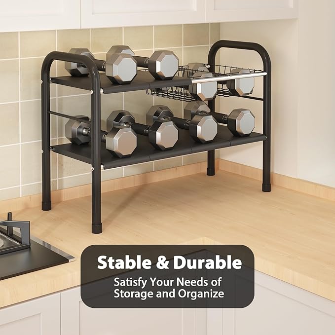 Expandable Under Sink Organizer, 2 Tier Under Sink Shelf | With 2 Removable Baskets and 6 Removable Panels, For Cabinet Sink Cloakroom Wardrobe Closet Storage, Black, 17.71”-32”Length