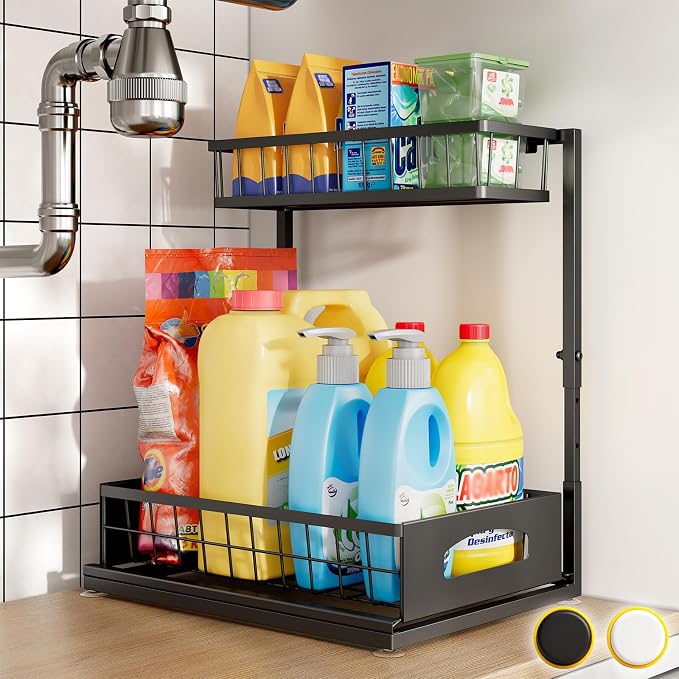 Under Sink Organizer, 1-Pack L-Shaped Metal Pull-Out Drawers for Kitchen | Cabinet Organizer Height Adjustable Heavy Duty Metal 2-Tier Storage Fits Beside Common Pipes for Bathroom Pantry
