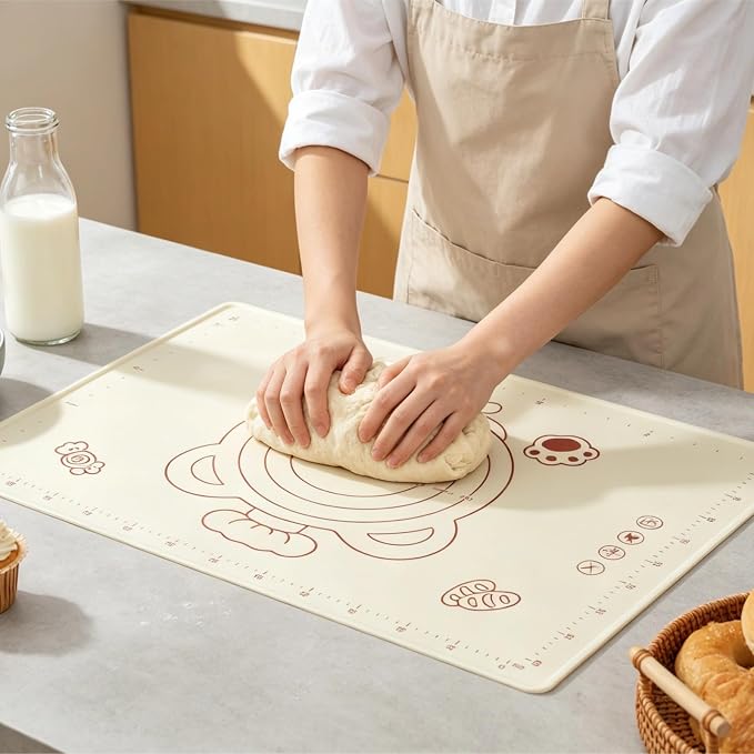 Silicone Baking Pastry Dough Mat - 28"x20" Extra Thick Dough Rolling Matt with Measurement, NonStick Kitchen Counter Kneading Pad Raised Edge, Reusable Heat Resistant for Bread Pizza Fondant Pie Crust