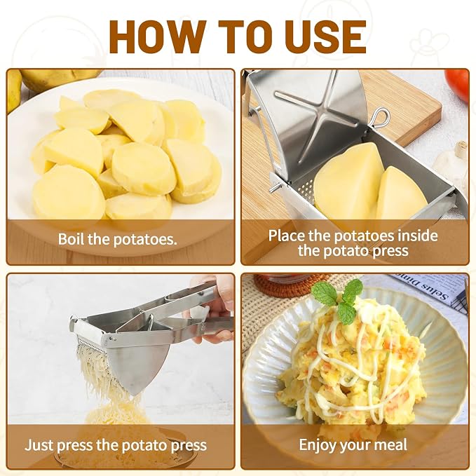 Potato Ricer, Heavy Duty Stainless Steel Professional Ricer for Mashed Potatoes and Ricer Kitchen Tool, Mash Potato Masher for Creamy Mashed Potatoes (Silver)
