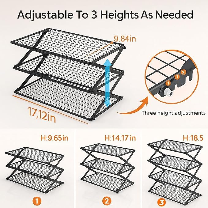 Collapsible Cooling Rack, Adjustable Stainless Steel Drying Rack (FOLD-3-TIER) | X-Shaped Structure Wire Cooling Rack for Baking, Cookies, Cake, Fruit, Bread,Roasting, Grilling, Drying Rack, Dishwasher Safe