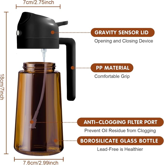 YARRAMATE 16oz/470ml Light Blocking Oil Sprayer for Cooking (Black) | Food-Grade 2 in 1 Olive Oil Dispenser Bottle for Kitchen, Premium Dark Amber Glass Oil Bottle for Air Fryer, BBQ