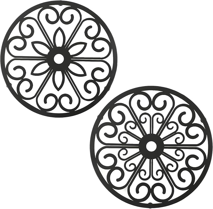 2 Pack Decorative Round Flower Trivets - 7 Inch Iron Pot Pads, Black Elegant Kitchen and Dining Table Protector, Teapot Stands Holders, Metal Plant Holder for Desktop Potted Plant、Small Green Plants