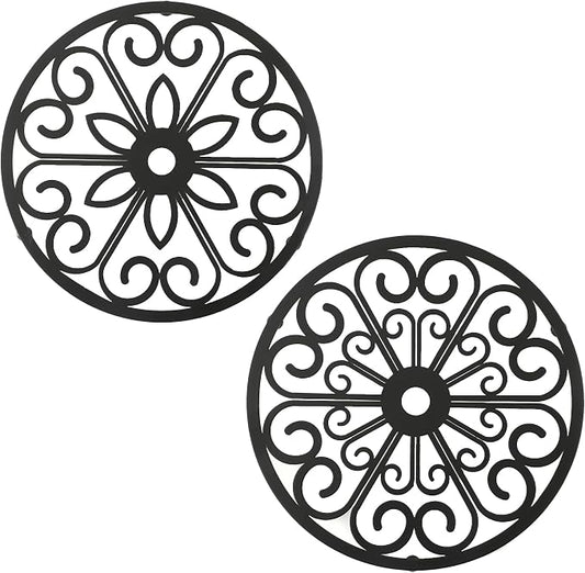 2 Pack Decorative Round Flower Trivets - 7 Inch Iron Pot Pads, Black Elegant Kitchen and Dining Table Protector, Teapot Stands Holders, Metal Plant Holder for Desktop Potted Plant、Small Green Plants