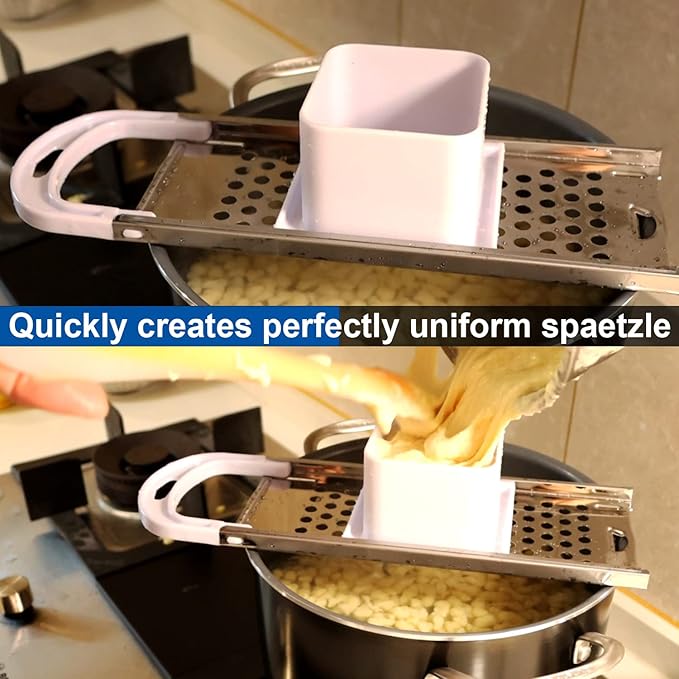 Premium Grade Stainless Steel Spaetzle Maker with Safety Pusher, Stainless Steel Spider Strainer Skimmer Spoon Pasta Strainer, Homemade Traditional German Egg Noodle Dumpling Making Tool Set