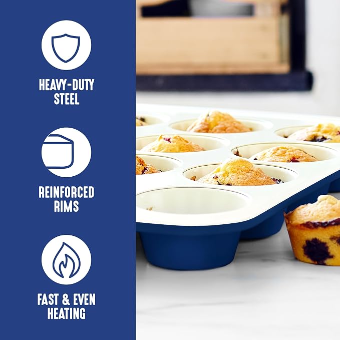 GreenLife 12 Cup Ceramic Nonstick Muffin Pan, Navy | 11.4" x 1.9" x 15.9", PFAS-Free Nonstick, Cupcake Tin, Easy Release, Even Heating, Wipe Clean, Heavy Duty, Warp Resistant