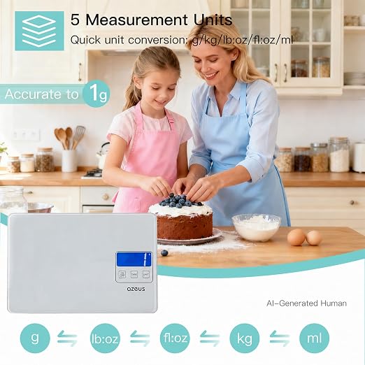Food Scale with USB Rechargeable, Digital Kitchen Scale with 6 Units, High Precision to 0.04 oz /11lbs Capacity, Weight Range from 3g-5000g