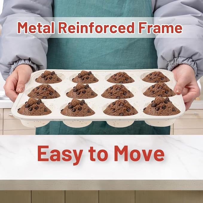 CAKETIME Silicone Muffin Pan, Metal Reinforced Frame Regular Size Cupcake Pan Easy to Move Muffin Pans Nonstick 12 Cups for Baking (2)