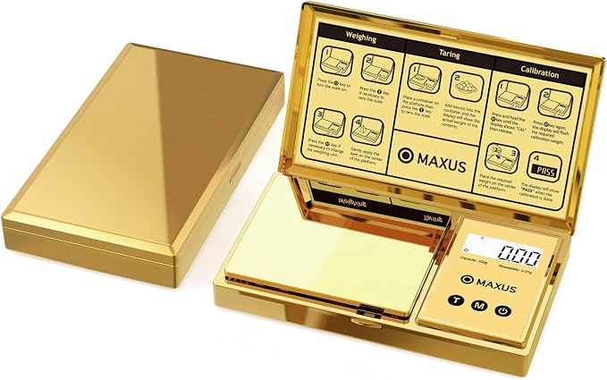 Digital Gram Scale 200g x 0.01g, Gold Pocket Scale for Jewelry, Food | Gold Plated Cover and Platform, Measures Grams and Ounces, Compact Scale for Grains, Gems, Coins and Small Items