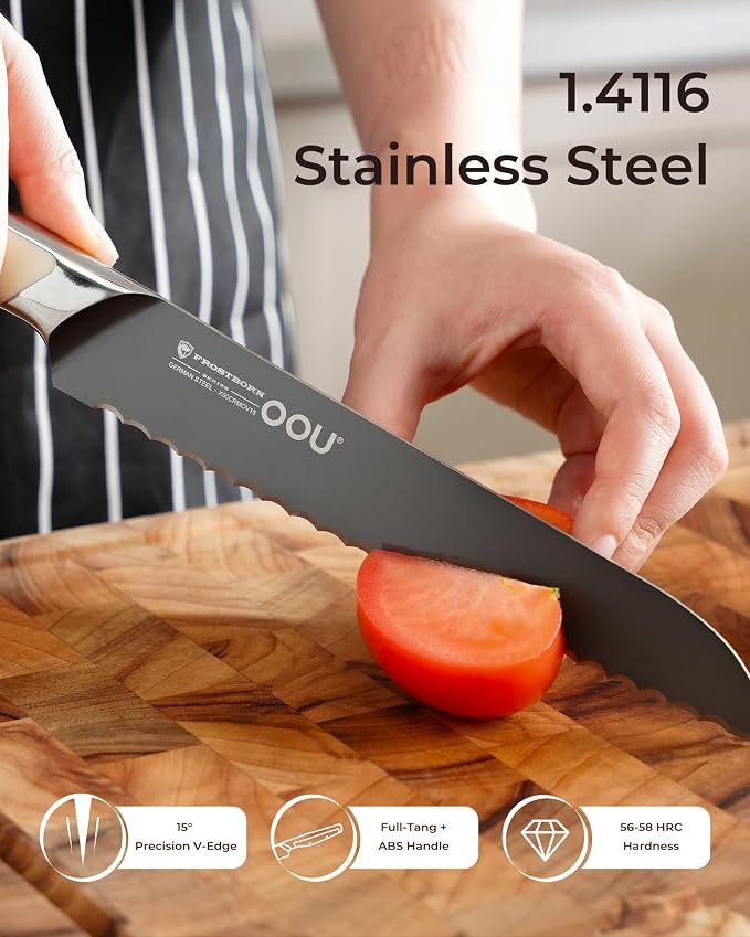 OOU 8 Inch Bread Knife, German 1.4116 Stainless Steel Kitchen Knife, Gunmetal Blade with AgShield & TinSharp Finish, Balanced ABS Handle, Serrated Bread Knife for Clean, Controlled Slicing
