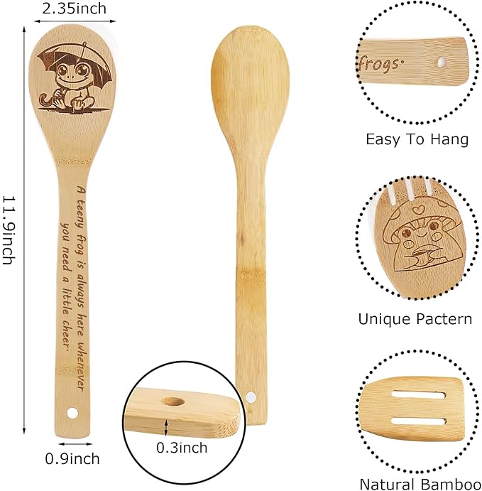 5PCS Frog Wooden Cooking Spoons Set Bamboo Cooking Spoons | Frog Kitchen Decor Housewarming Wedding Anniversary Thanksgiving Christmas for Mom Women Animal Lovers