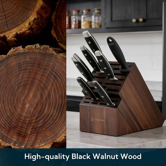 KITCHENDAO 20 Slot Black Walnut Wood Knife Block without Knives, Universal Knife Holder for Kitchen, Holding Multiple Types of Knives, Countertop Butcher Block Knife Stand for Easy Kitchen Storage