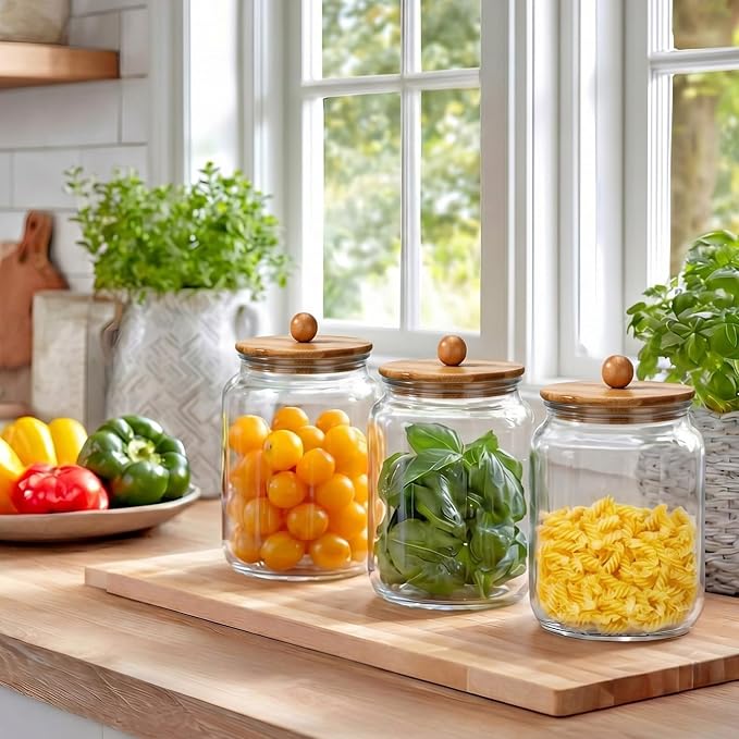 2 Pack 68 oz Glass Storage Jars with Airtight Knob Bamboo Lid Thick Food Canister with Seal Clear Food Storage Container for Kitchen Flour Sugar Cookies Coffee Bean Pantry Organization
