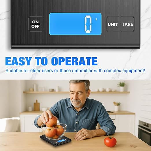 Rechargeable 304 Stainless Steel Kitchen Scale, Diyife 33lb Digital Food Scale with LCD Display, Batteries and Type-C Charging, for Meal Prep, Cooking, Baking (Black)