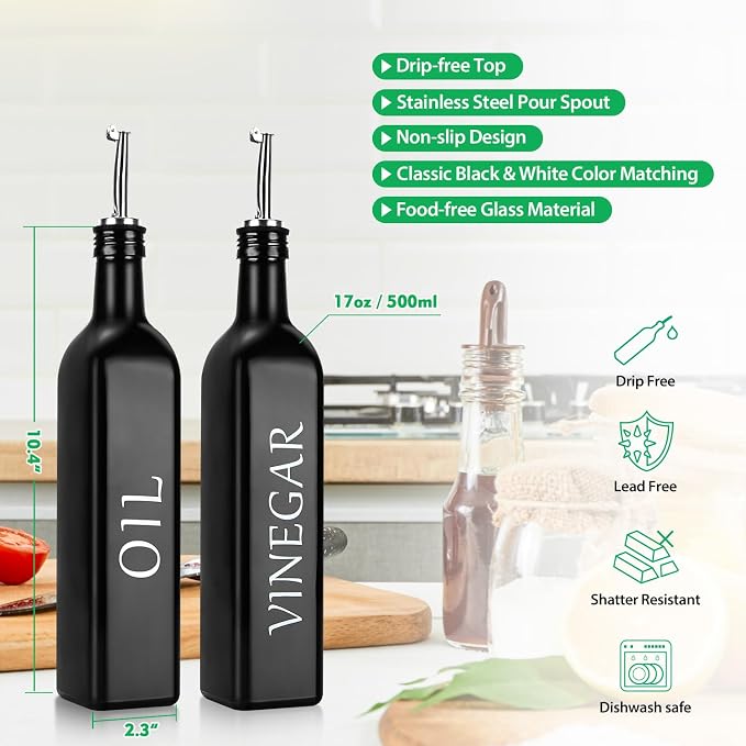 2 Pieces Oil and Vinegar Dispenser Set,Black & White Olive Oil Bottle Dispenser with Caddy Holder and Stainless Steel Spout,17oz Cute Vintage Glass Cruet Set for Farmhouse Kitchen（BLACK）