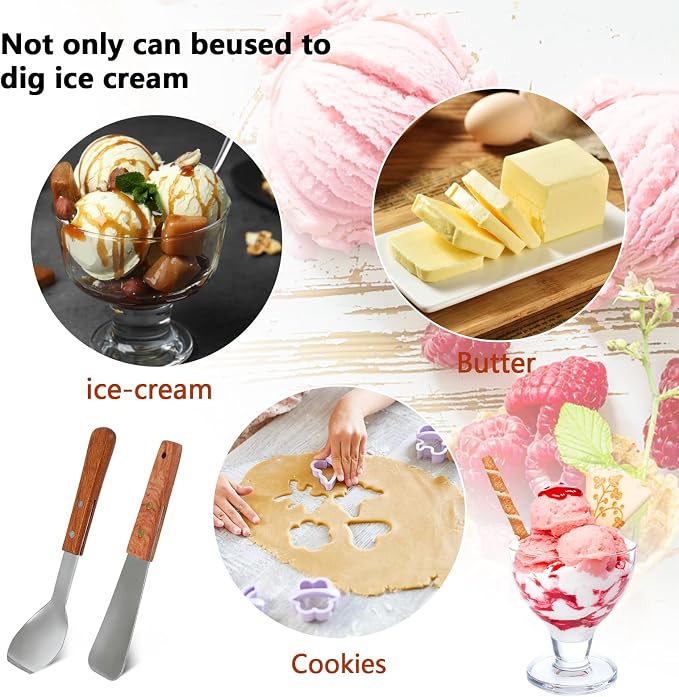 2 Pieces Ice Cream Scoop with Wooden Handle, Stainless Steel Dessert Spade & Butter Cutter, Essential Kitchen Tool – Perfect Flat Ice Cream Metal Spade for Home and Commercial Use
