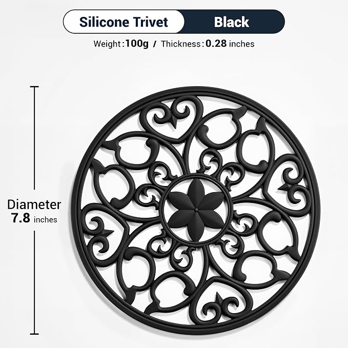 SMARTAKE 3 Set Silicone Trivet Mats for Hot Dishes, Heat Resistant Pots and Pans Holders, Non-Slip Flexible Hot Pads Coasters for Countertops Table, Modern Kitchen Decor Accessories (Black)