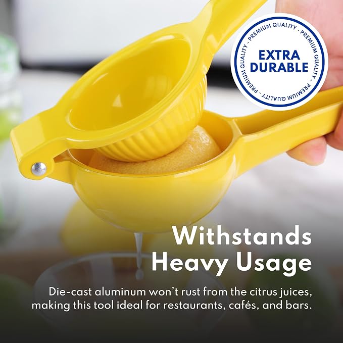 New Star Foodservice 42856 Commercial-Grade Enameled Aluminum Lemon Squeezer, Heavy Duty Citrus Juicer Press, Yellow
