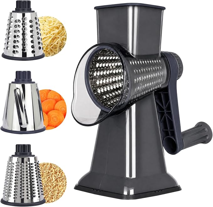 Rotary Cheese Grater,Cheese Shredder Hand Crank, Manual Cheese Grater for Veggies, 3-Blade Grater, Home Kitchen Appliances and Kitchen Gadgets (Black)