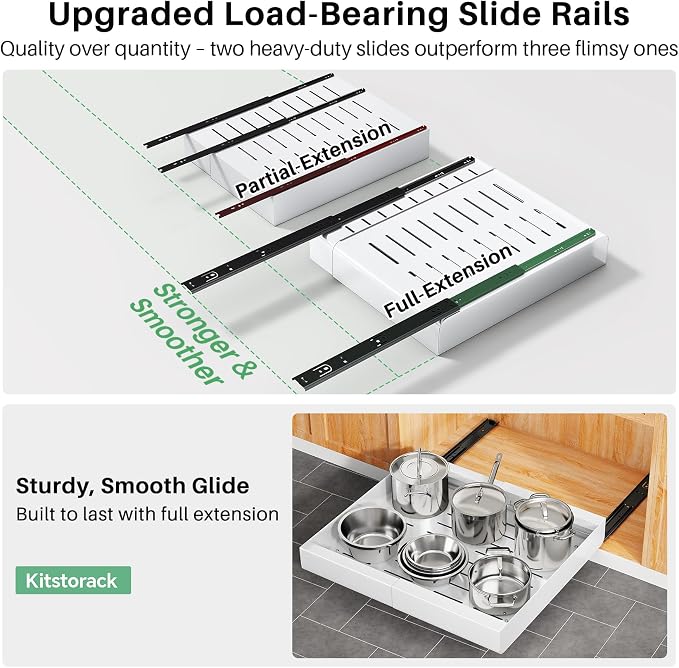 Pull out Cabinet Organizer, 4-pack, Expandable(12"-20") Heavy Duty Slide out Drawers Fixed with Adhesive Nano Film for Pots, Roll out Shelf Storage for Kitchen Base Cabinet Organization(3 Rails)