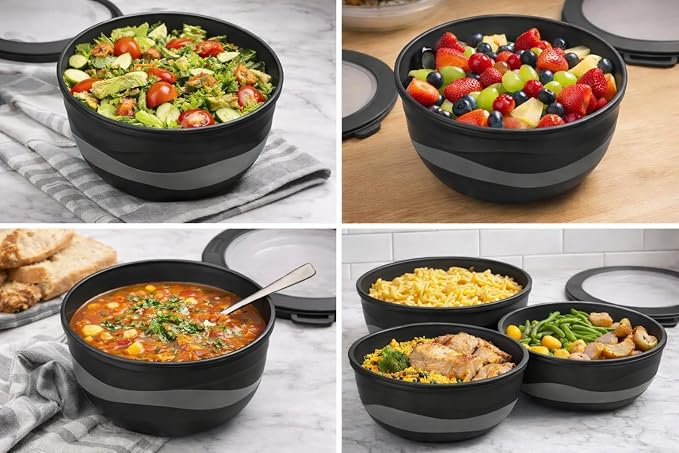 Pera Mixing Bowls with Lids, 8-Piece Airtight Leak-Proof Nesting BPA-Free Prep Bowl Set for Kitchen & Food Storage, Large 4200ml Capacity, Microwave & Dishwasher Safe(Black)