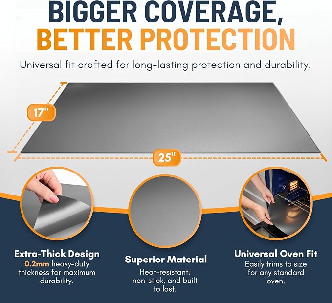 Oven Liners for Bottom of Oven - 2 Pack Large Heavy Duty Mats, 17”x25” Non-Stick Reusable Liner for Electric, Gas, Toasters, Grills - BPA & PFOA Free Kitchen Accessory to Keep It Clean (Silver)