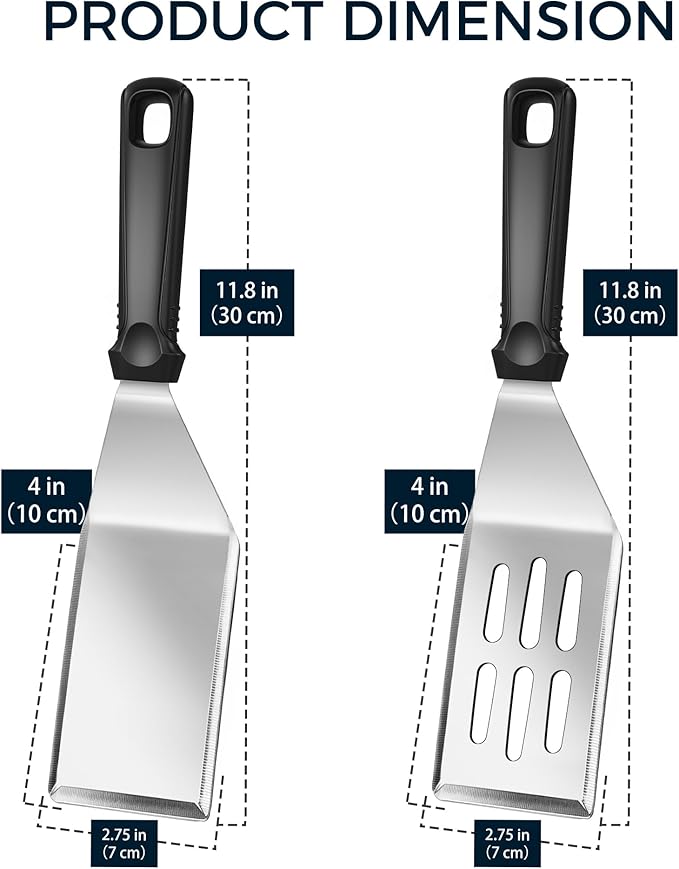 11.8-in 18/0 Stainless Steel Spatulas, Silicone Non-slip Handle, Brushed Metal Spatula Set for Kitchen Use Cast Iron Skillet, BBQ Frying Griddle, Pack of 2