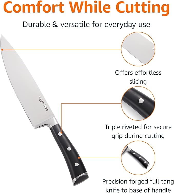 Amazon Basics Classic 8-inch Full Tang High Carbon Stainless Steel Chef's Knife, Multipurpose Kitchen Knife with Three Rivets, Silver (Pack of 12)