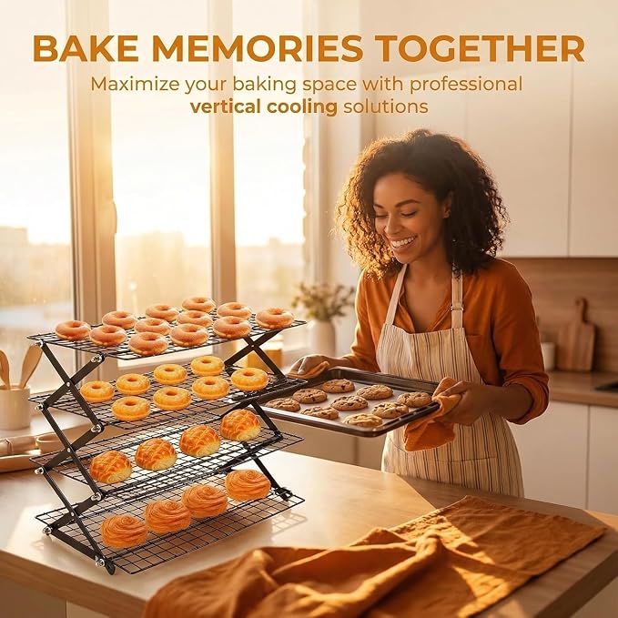 Collapsible Cooling Rack, Adjustable Stainless Steel Drying Rack (FOLD-3-TIER) | X-Shaped Structure Wire Cooling Rack for Baking, Cookies, Cake, Fruit, Bread,Roasting, Grilling, Drying Rack, Dishwasher Safe