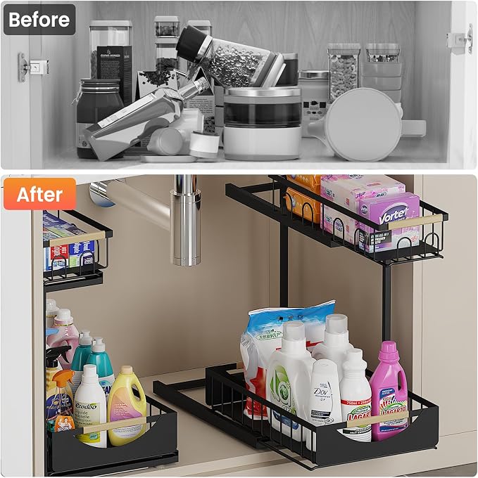 Under Sink Organizer and Storage for Bathroom and Kitchen - 2 Pack 2 Tier | Cabinet Pull Out Shelf Organizers - Slide Out Drawer Organization for Home Cabinets Shelves and Drawers