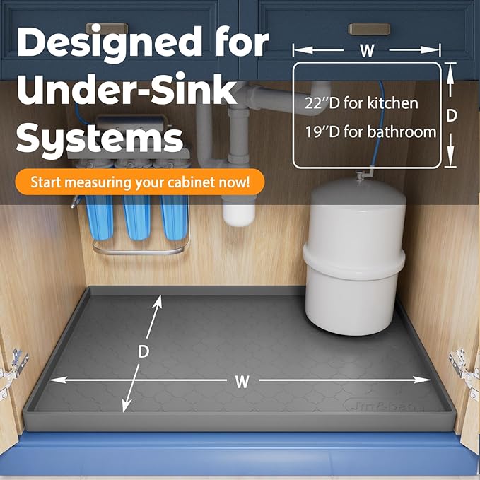 Jin&Bao Under Sink Mat 28" x 22" Waterproof Silicone Cabinet Kitchen Liner | Silicone kitchen cabinet protector, bathroom shelf liner, raised edge traps leaks, anti-slip, easy to clean & dishwasher safe