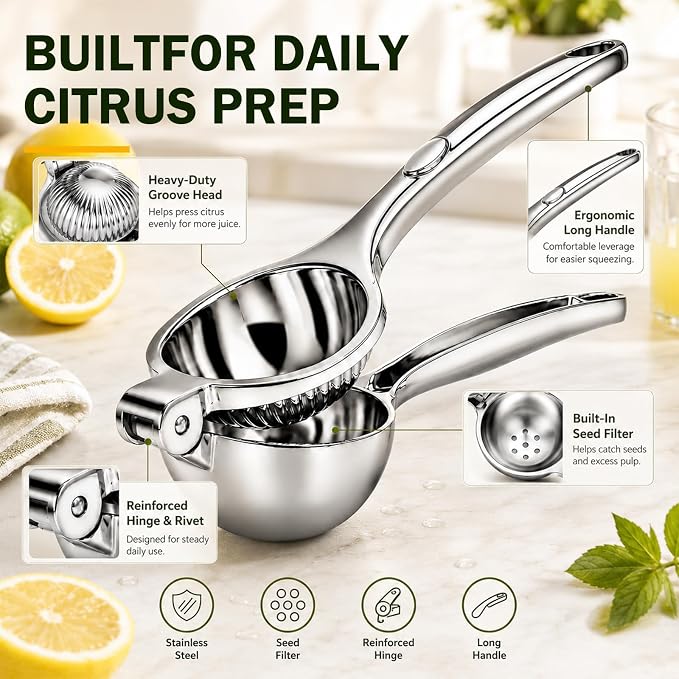 Lemon Squeezer & Zester Set, Large Bowl Stainless Steel Citrus Juicer, Heavy Duty Handheld Lime Press with Seed Filter, Lime Juicer and Citrus Grater for Cocktails, Cooking & Cheese