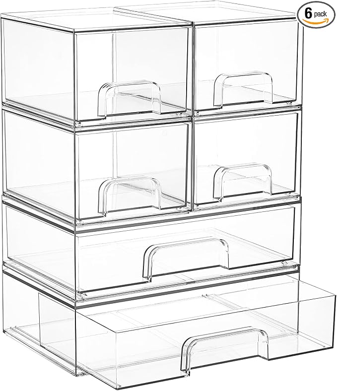Vtopmart Clear Stackable Storage Drawers Set of 6, Plastic Organizer Bins | Multi-purpose Boxes for Bathroom Accessories Storage, Ideal for Cabinet, Shelf, Pantry, Laundry Room Organization
