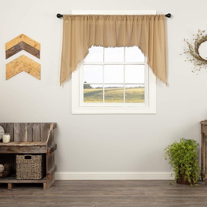 VHC Brands Tobacco Cloth Fringed Farmhouse Decor Kitchen Swag Prairie Panels Door Window Tier Set Curtains for Kitchen Bedroom Bathroom Living Room Dining (Khaki, Classic Swag Set)